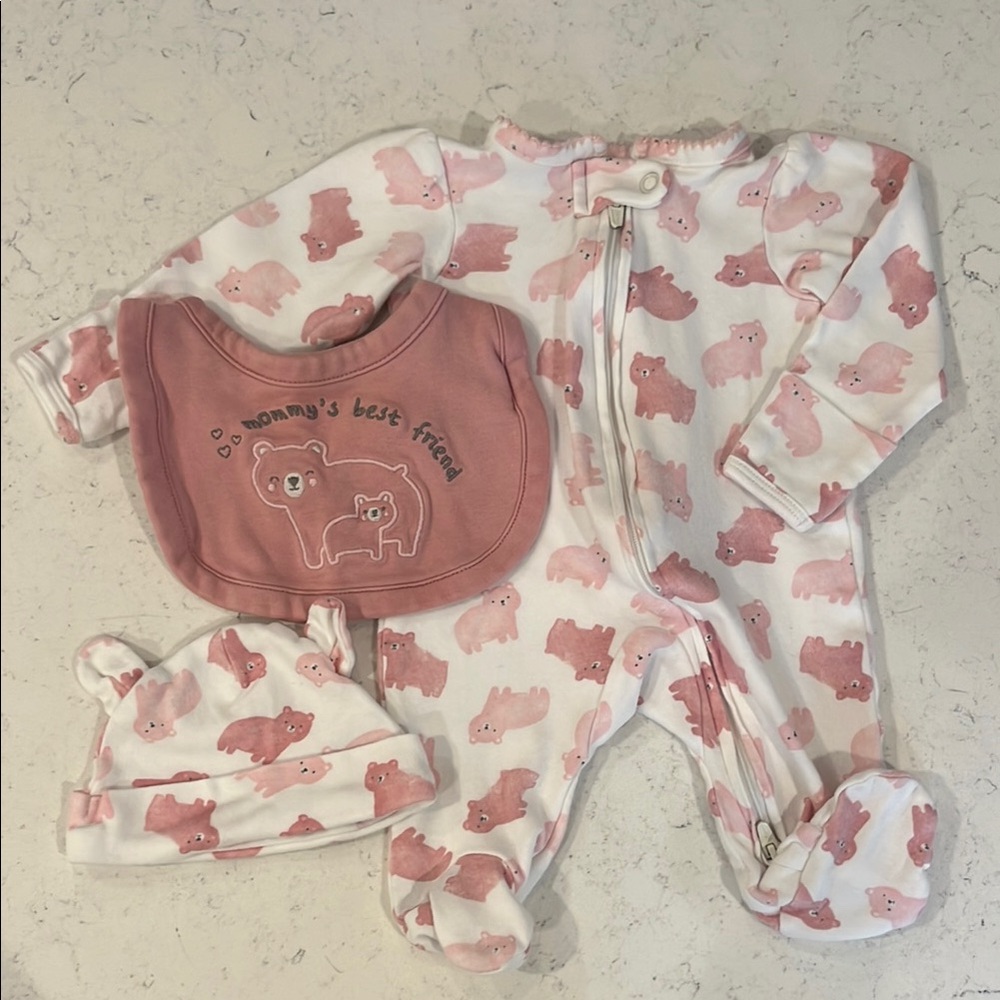 Carter's Just One You Pink Baby Bear footies with matching cap and bib.  Size NB